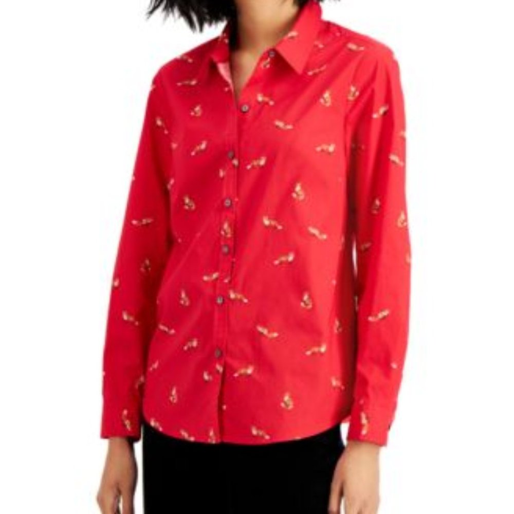 CHARTER CLUB RED FOX PRINT LNG SLV BUTTON DOWN FRONT SHIRT NWT